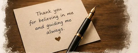A handwritten thank-you note beside a fountain pen