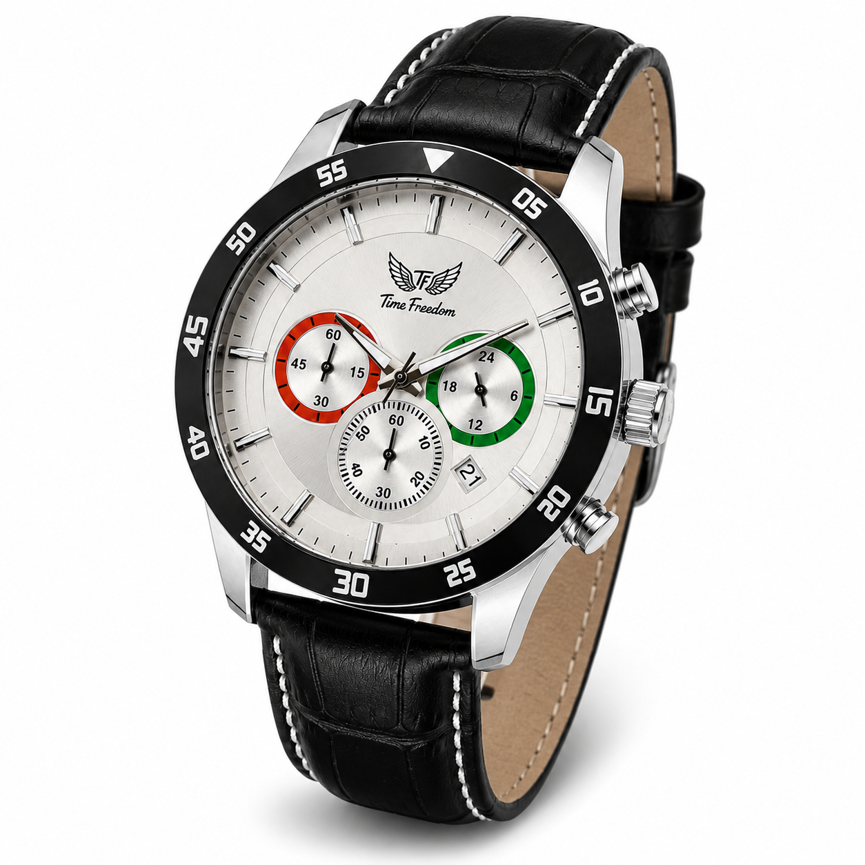 Time Freedom men's watch with black leather strap and silver dial