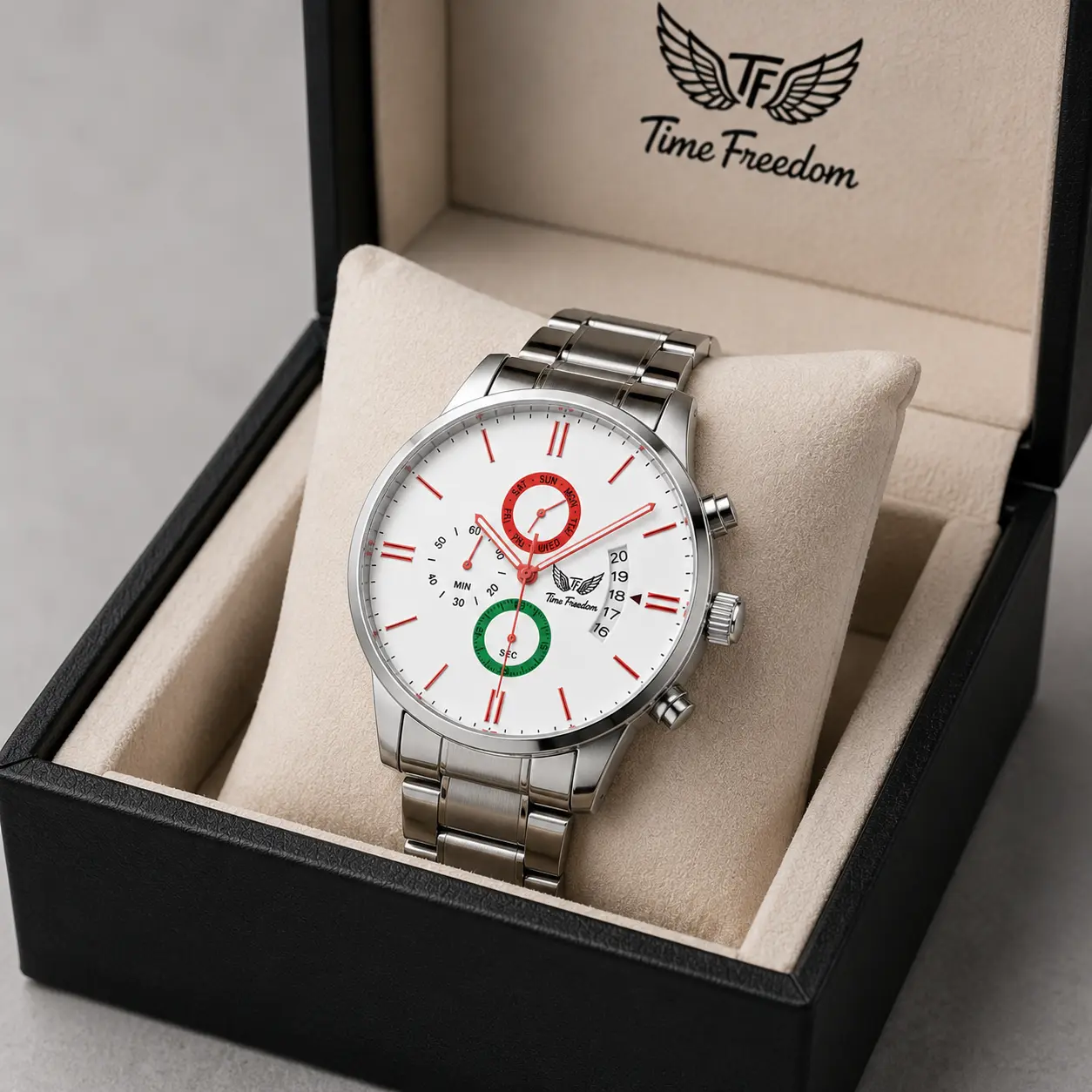 Time Freedom men's steel chronograph presented in its gift box