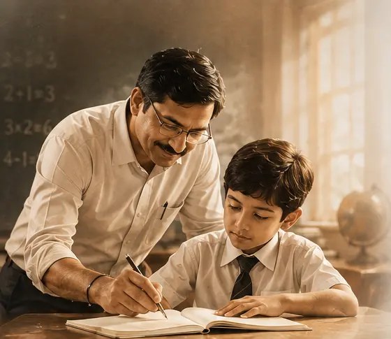A male teacher guiding a student at his desk