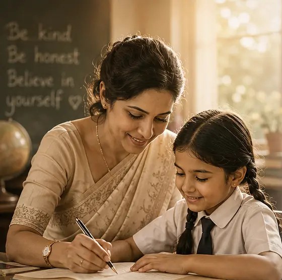 A female teacher writing alongside her student in a classroom