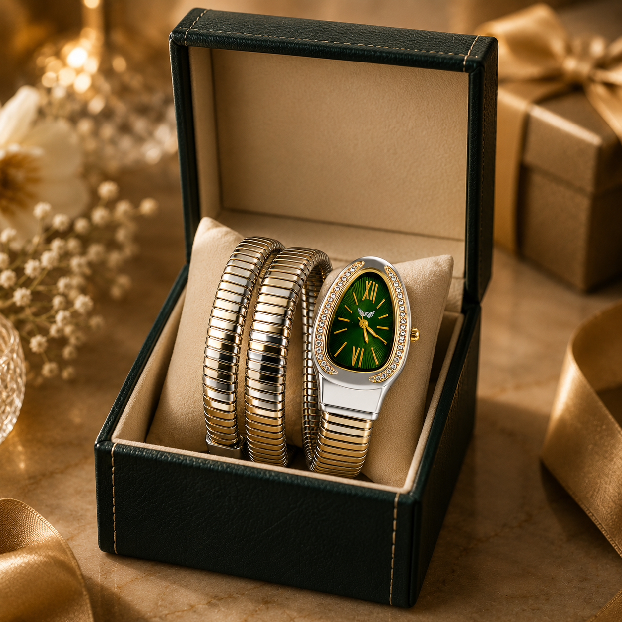 Time Freedom women's gold wrap watch in a green gift box