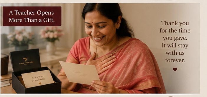 A teacher opening a Time Freedom gift box and reading a note of thanks