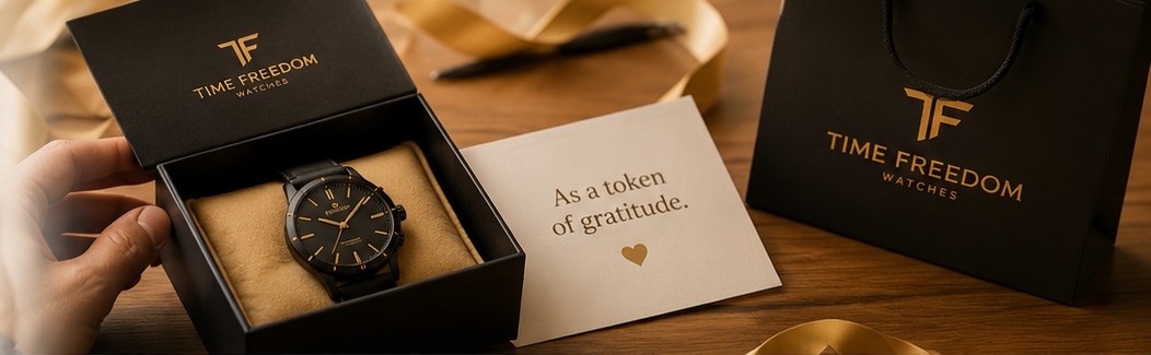A Time Freedom watch presented in its gift box with a gratitude card